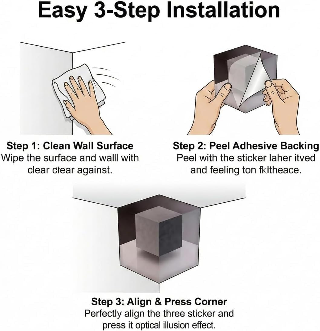 3D Optical Illusion Corner Wall Sticker Cube Art Decal Black
