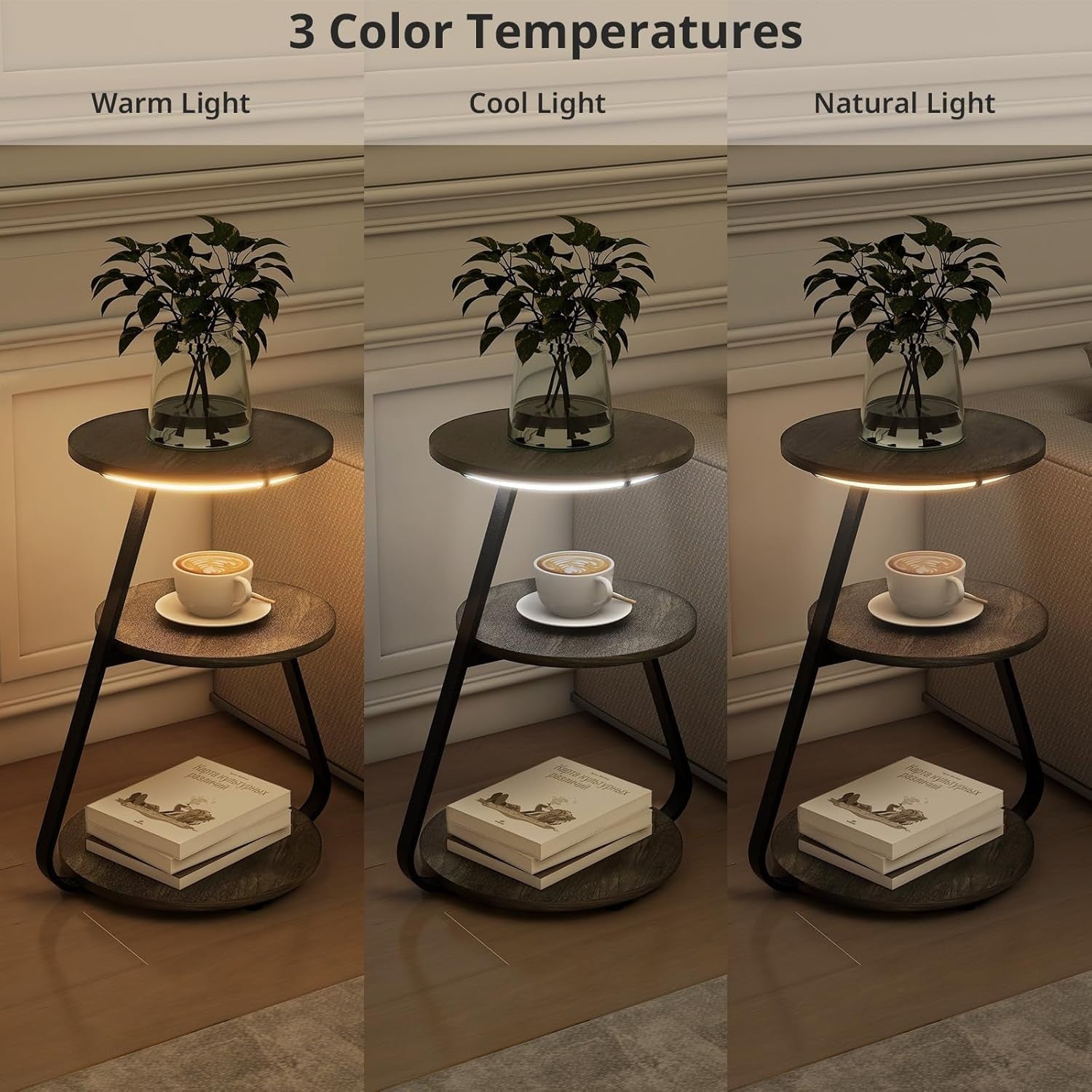 Set of 2 LED Bedside Side Tables Grey – 3-Tier Round Storage Coffee Tables