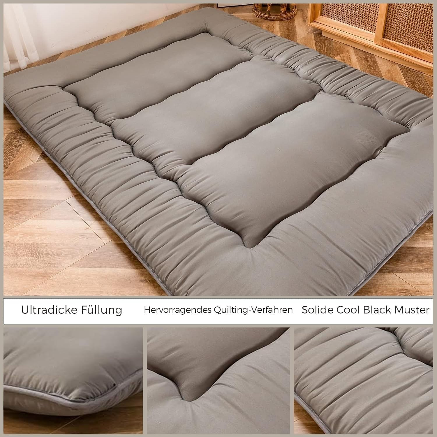 Grey Foldable Futon Mattress | Thick Quilted Floor Sleeping Pad, Portable