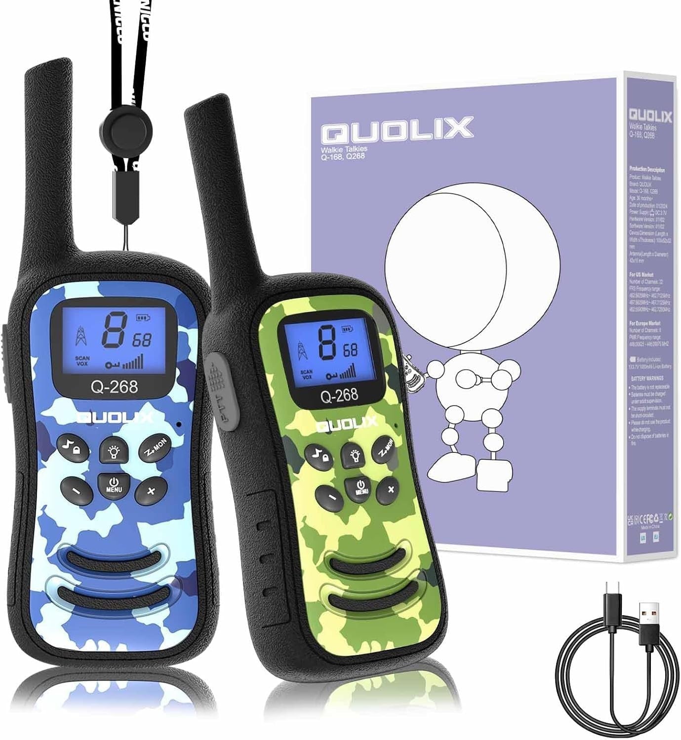 Kids Rechargeable Walkie Talkies 2 Pack Long Range VOX Flashlight Camo