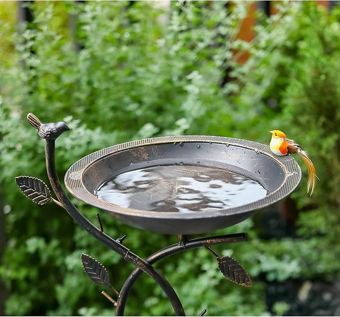 28" Bronze Iron Bird Bath Stand – Elegant Outdoor Feeder Bowl for Garden Décor