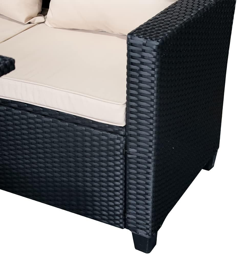 8-Seater Rattan Garden Sofa Set Black Wicker Beige Cushions Outdoor Patio