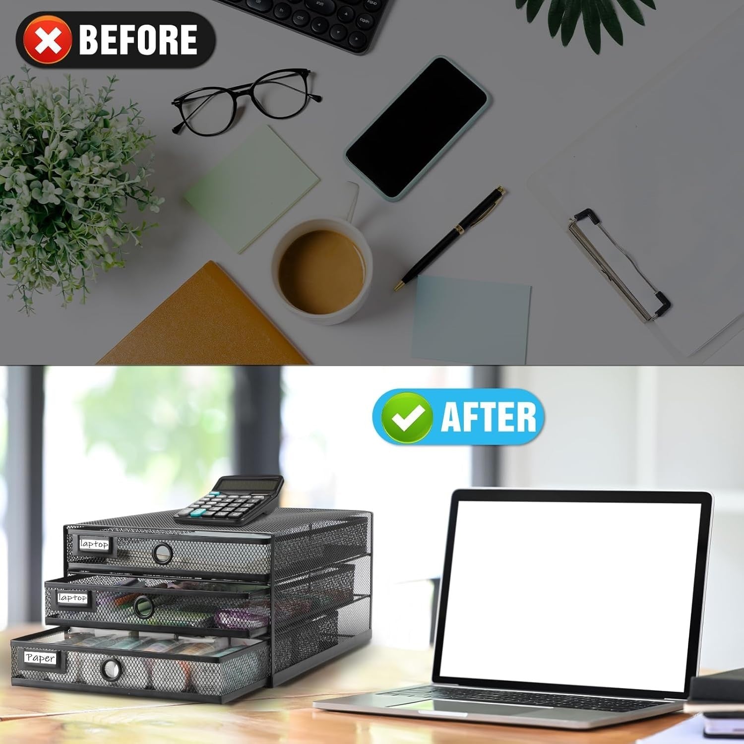 3-Tier Desk Organizer with Drawer | Mesh Metal File & Paper Storage, A4
