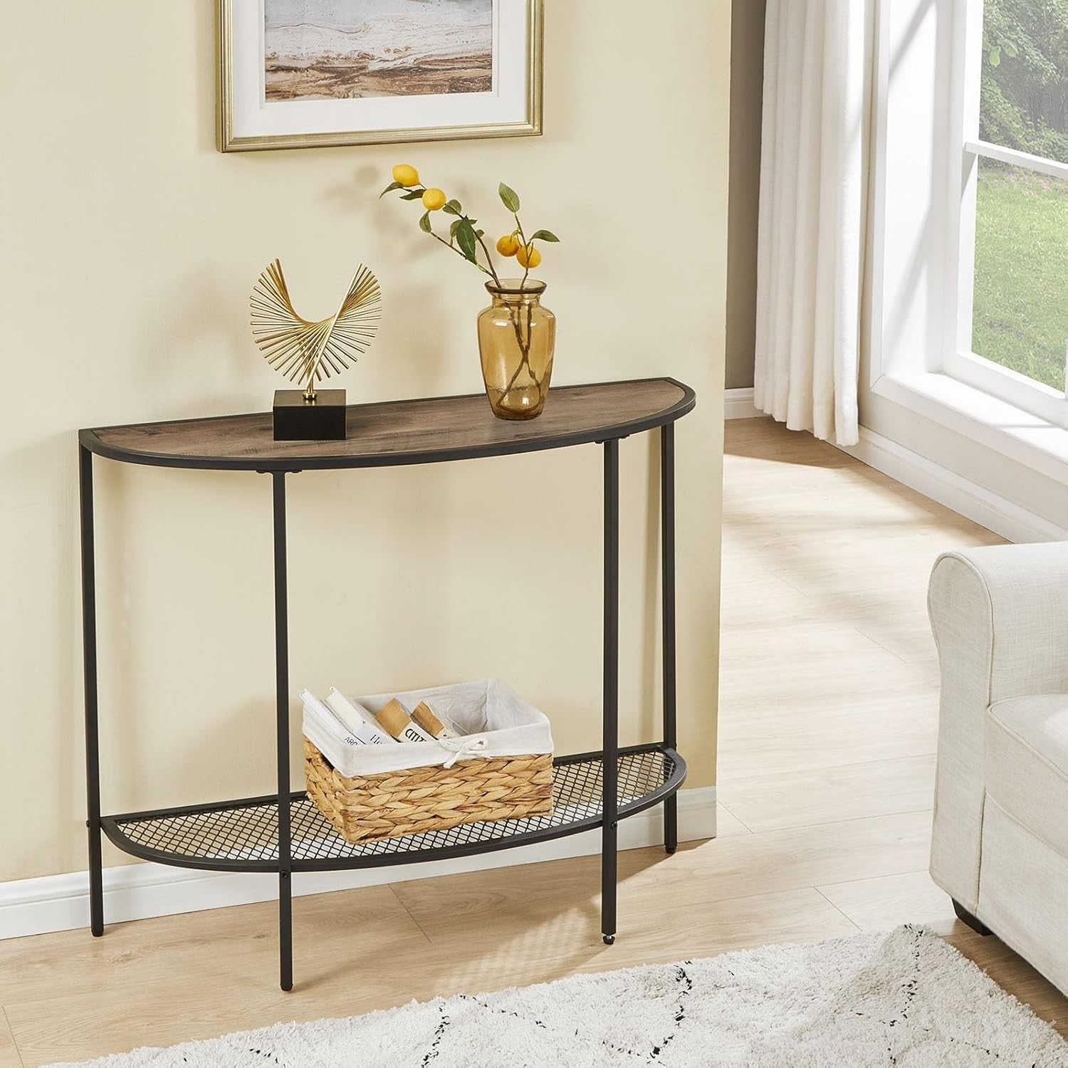 Slim Half Moon Console Table Grey with Shelf, Narrow Entryway Hall Table