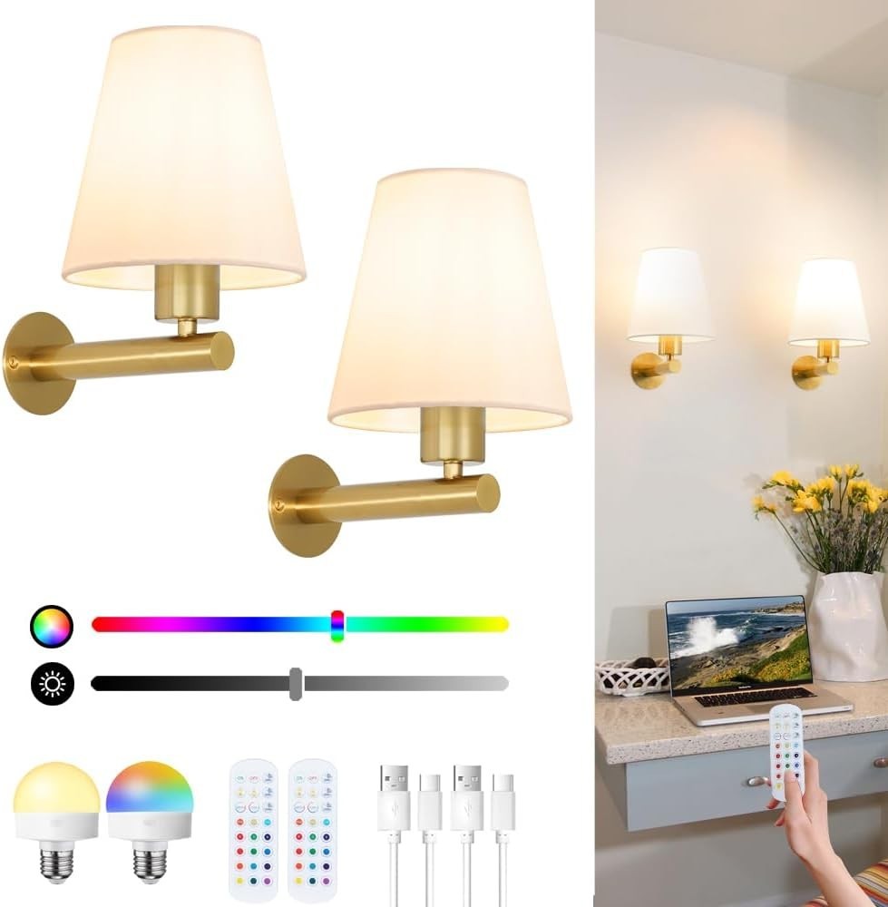 Rechargeable Wireless Wall Sconces Set of 2 with Remote, 15 Color LED Light