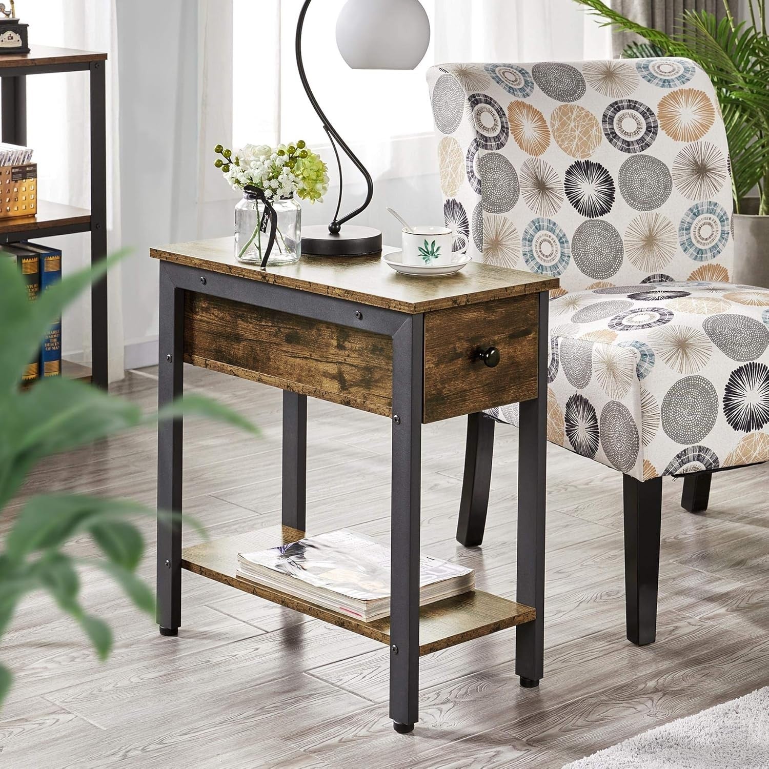 2-Tier Industrial Side Table with Drawer Narrow Rustic Brown 60x29.5x59.5cm