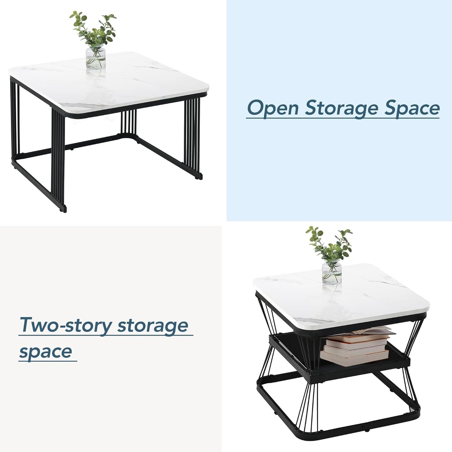 Nesting Coffee Table Set 2pc Marble Top Metal Frame Square Side End Accent