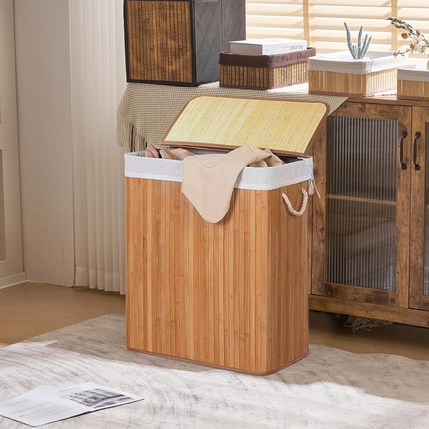XL Bamboo Laundry Basket 2-Compartment 100L Hamper with Lid & Handles | Folding