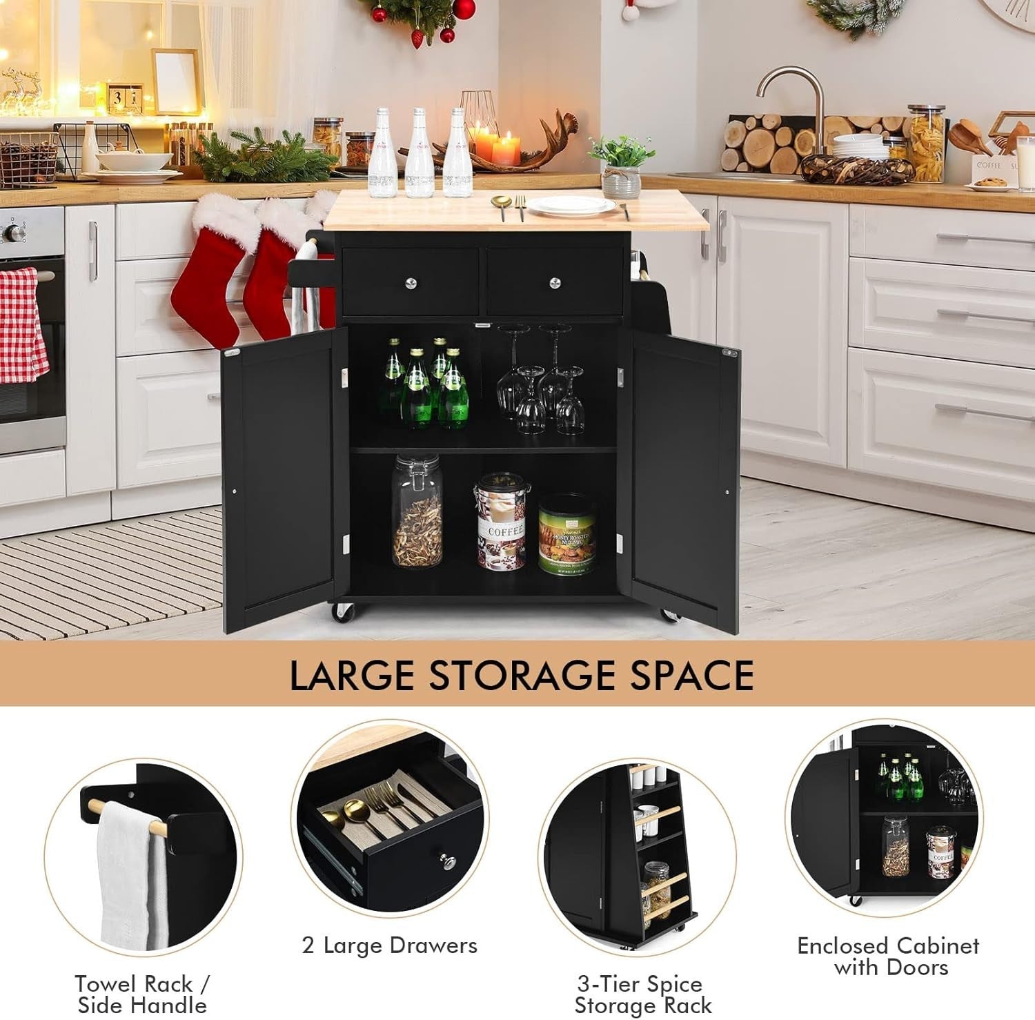 Kitchen Island Trolley with 2 Drawers & Spice Rack Black 88x45x90cm
