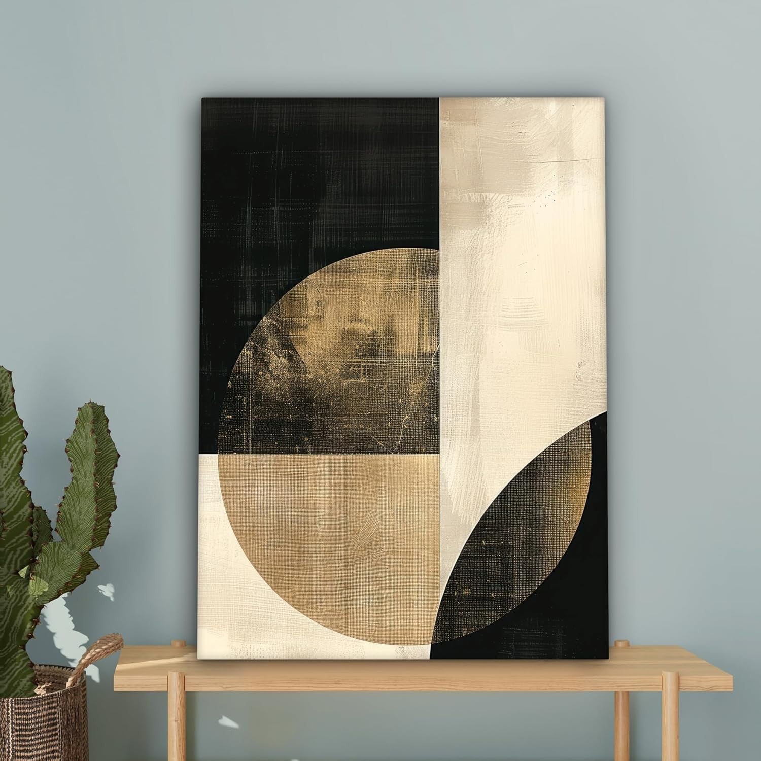 Large Framed Canvas Wall Art 50x70cm Black Gold Abstract Circles