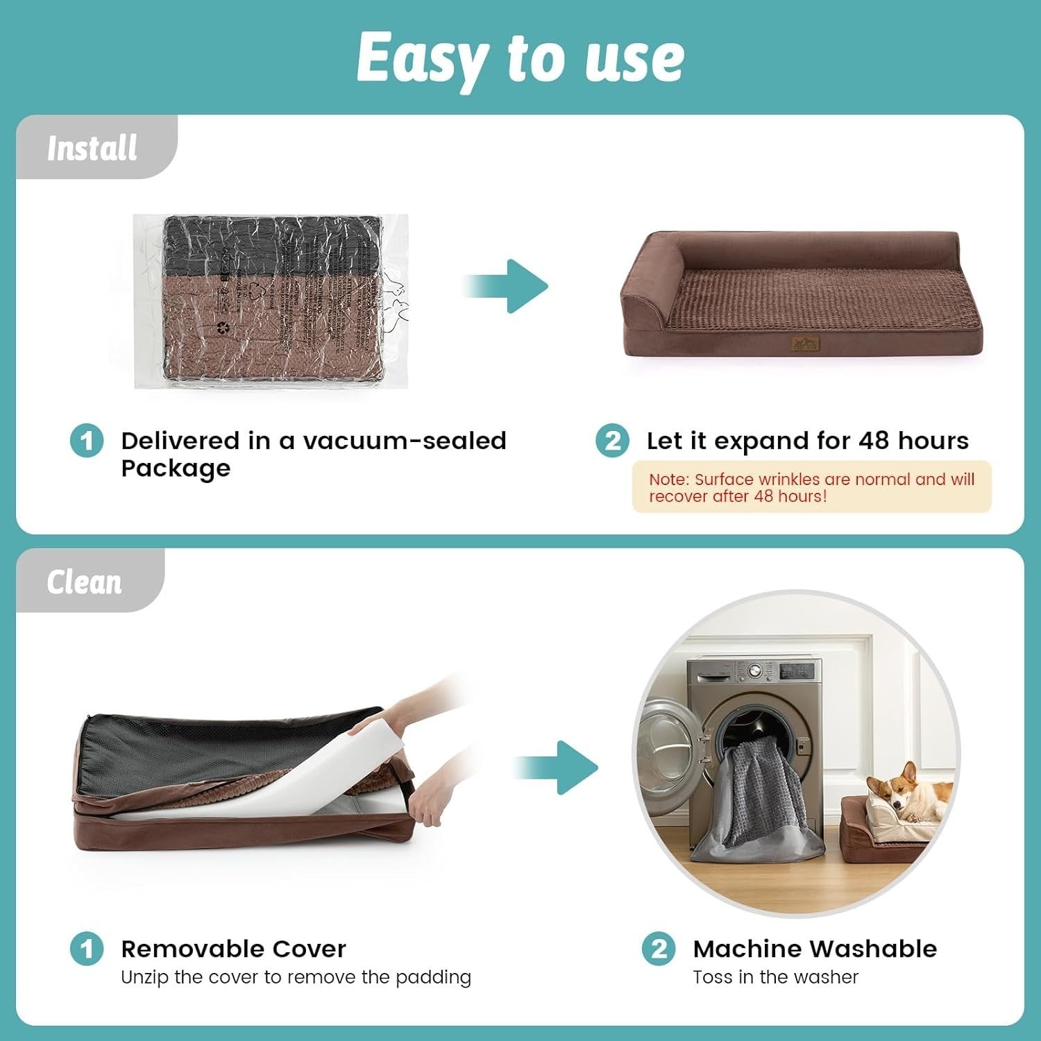 Medium Orthopedic Dog Bed L Shape Sofa Washable Anti Slip Brown