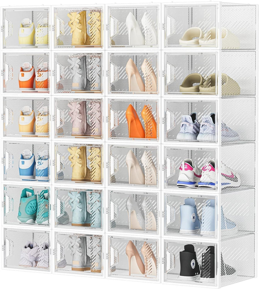 Clear Stackable Shoe Storage Boxes – 24pc Set, Fits UK 12, Ventilated