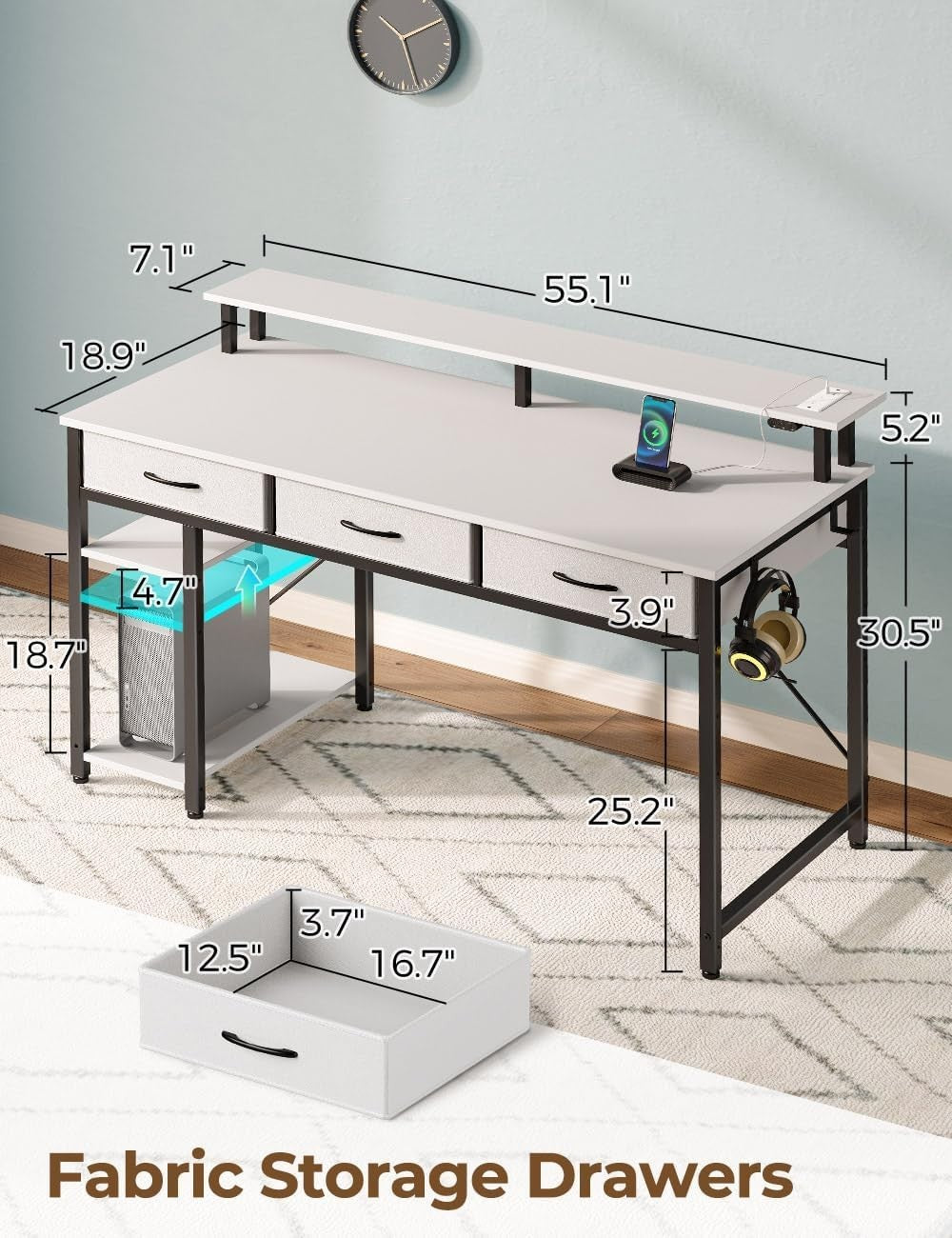 White 137cm Computer Desk w/Drawers, LED Lights & Power Outlets Workstation