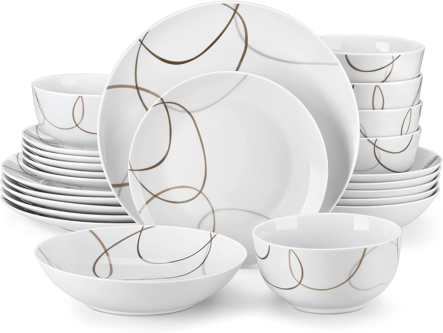 24 Piece Porcelain Dinner Set Plates Bowls Modern Line Design Dishwasher Safe