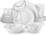 24 Piece Porcelain Dinner Set Plates Bowls Modern Line Design Dishwasher Safe