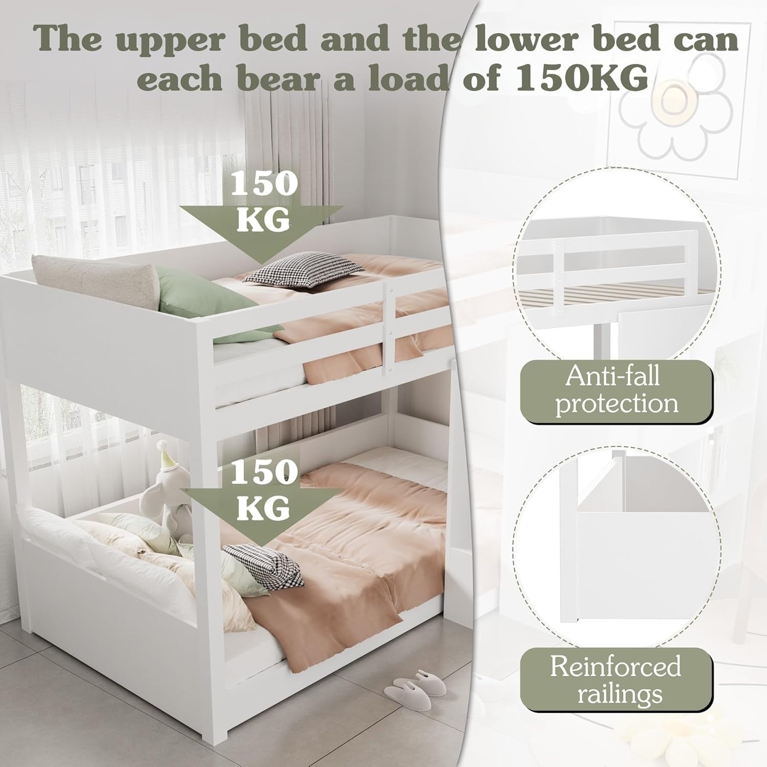 Space-Saving 3FT Kids Bunk Bed with Storage Stairs, Cabinets & Safety Railings