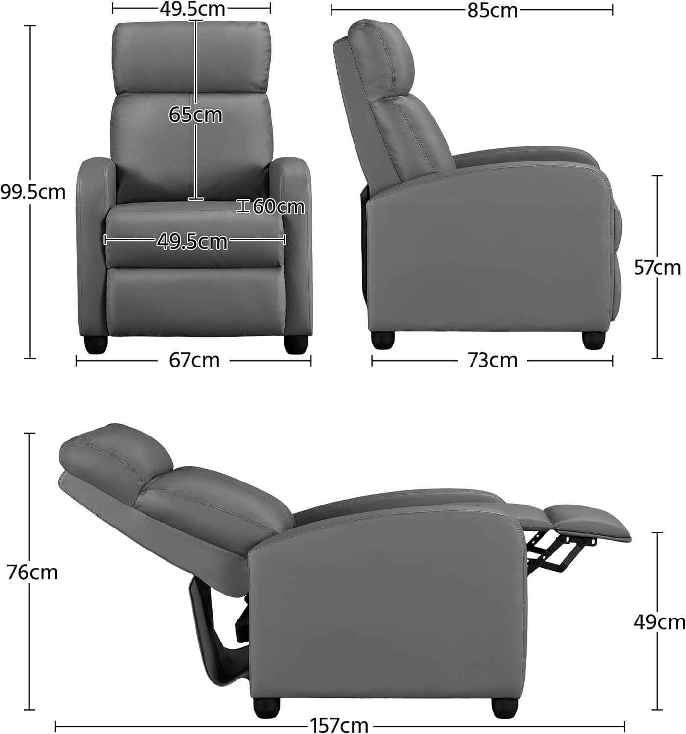 Grey PU Leather Recliner Armchair Adjustable Sofa Chair for Home Lounge