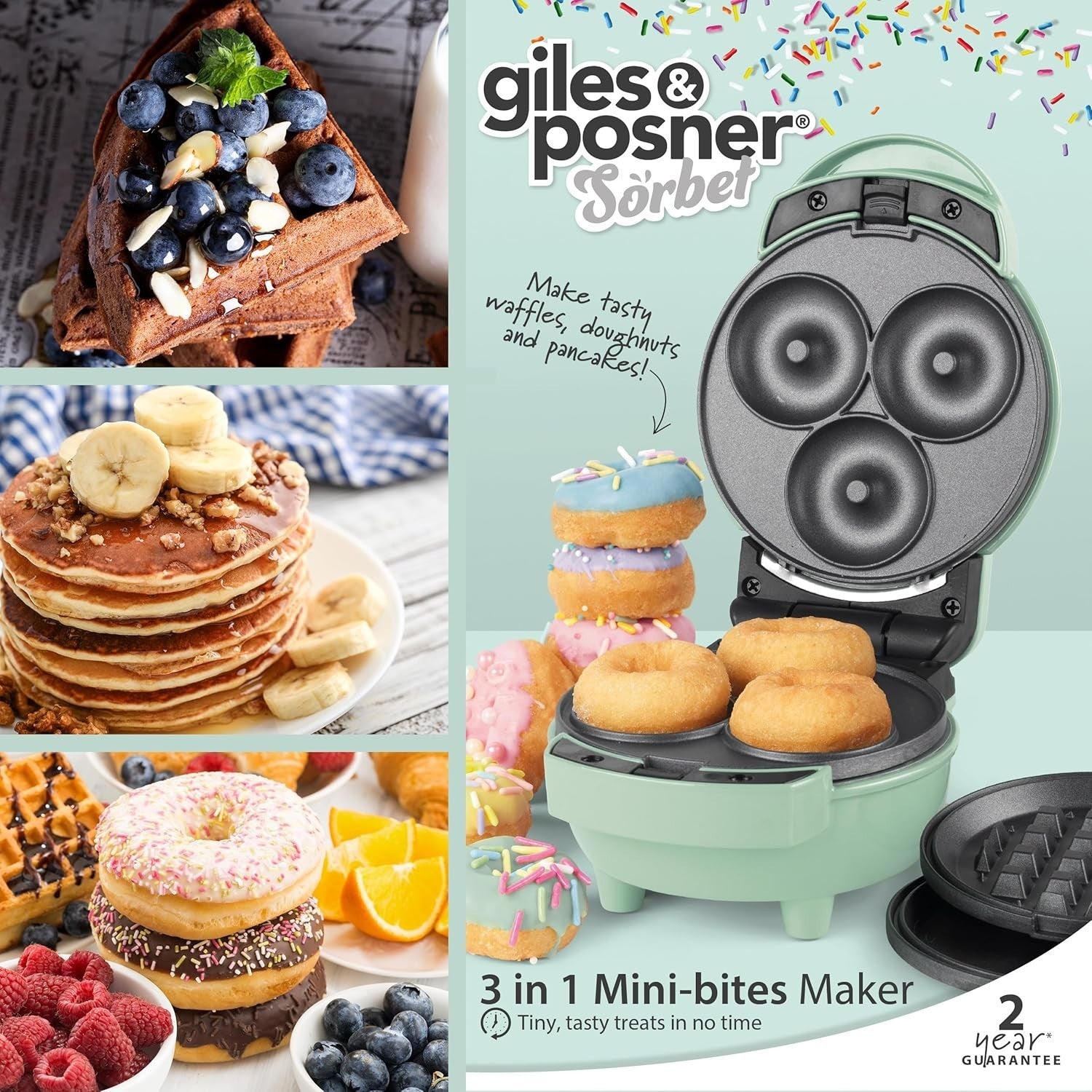 3-in-1 Mini Waffle Doughnut Pancake Maker – Non-Stick Plates, Fast Heat-Up, Comp