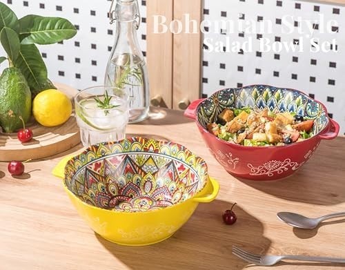 Henten Home Bohemian Salad Bowl Set of 2 – 49 oz Large Ceramic with Handles