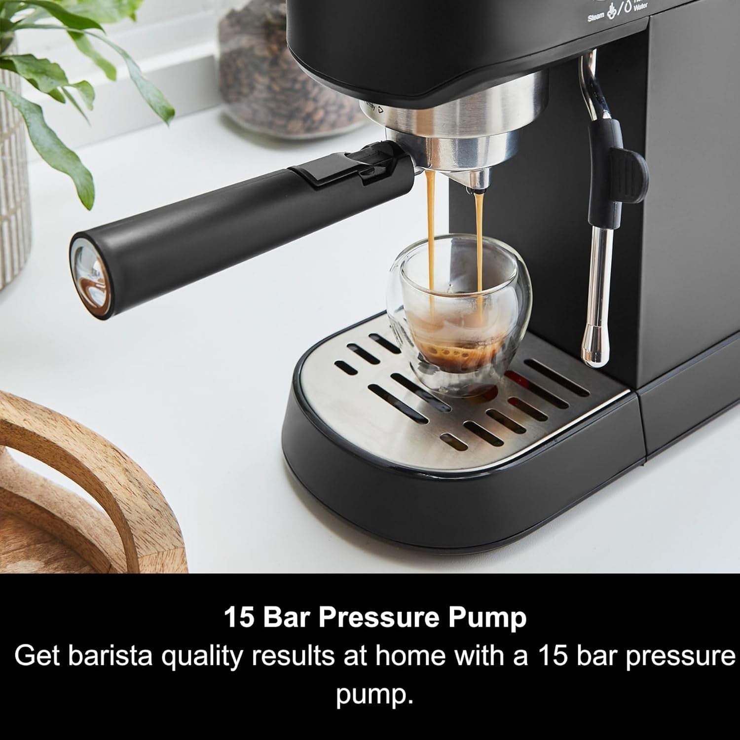Compact Espresso Machine 15 Bar Pump, Dual Cup, Milk Frother, 1L Tank, Black