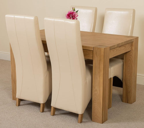 Solid Oak Small Dining Table Set 4 Ivory Leather Chairs Compact 125x80cm