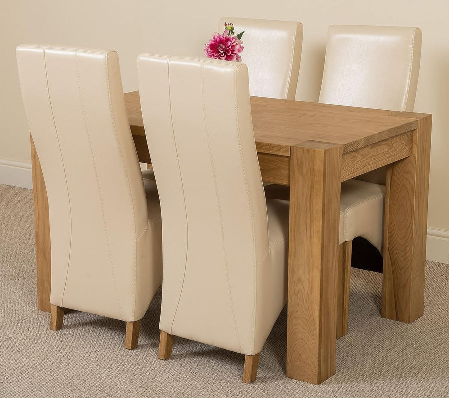 Solid Oak Small Dining Table Set 4 Ivory Leather Chairs Compact 125x80cm