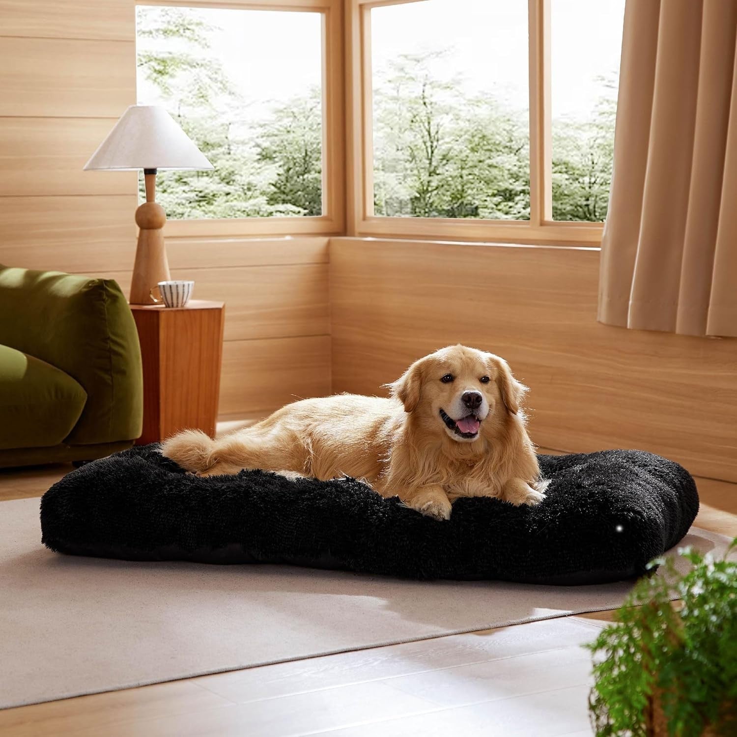 XXL Fluffy Dog Crate Bed Washable Anti Slip Warm Cushion 119x74cm Black