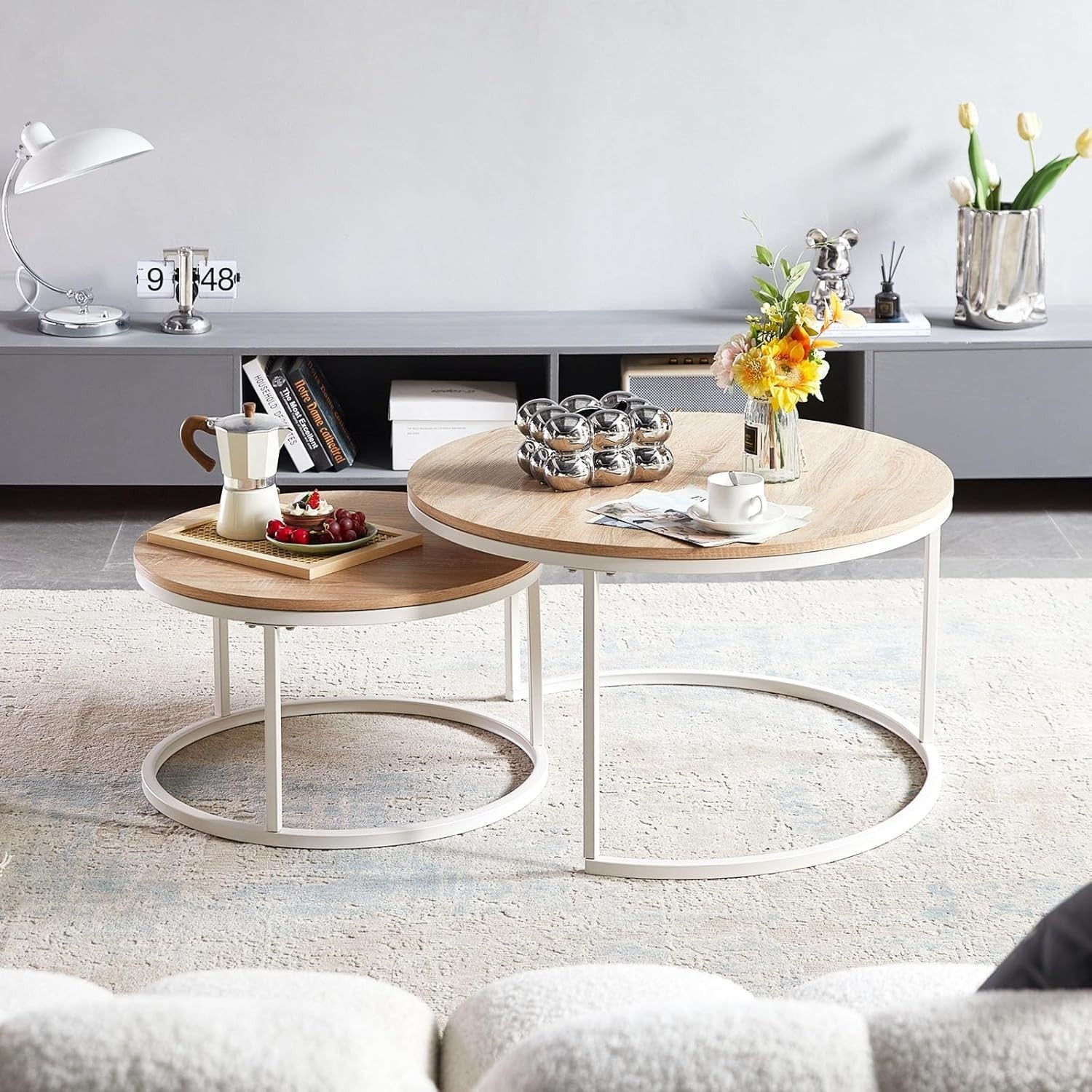 Space Saving Nesting Coffee Table Set Round White Oak End Side Tables Living Roo