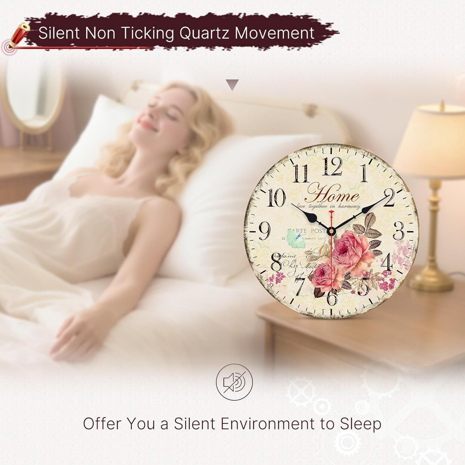 14” Vintage Floral Wall Clock Silent Non-Ticking Wooden Retro Arabic Numerals De