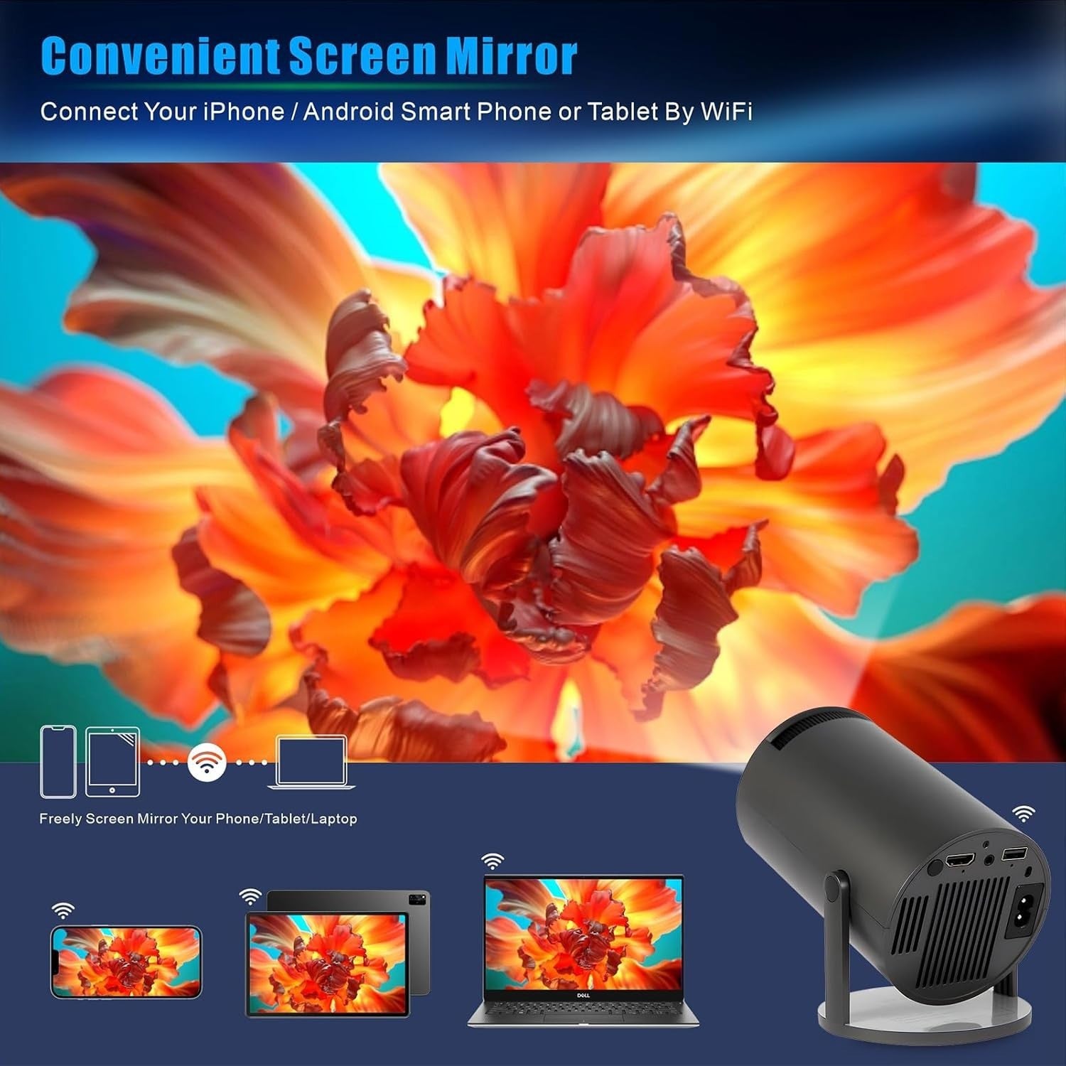 Mini Smart Projector Android WiFi 6 Bluetooth 180° 130” Portable