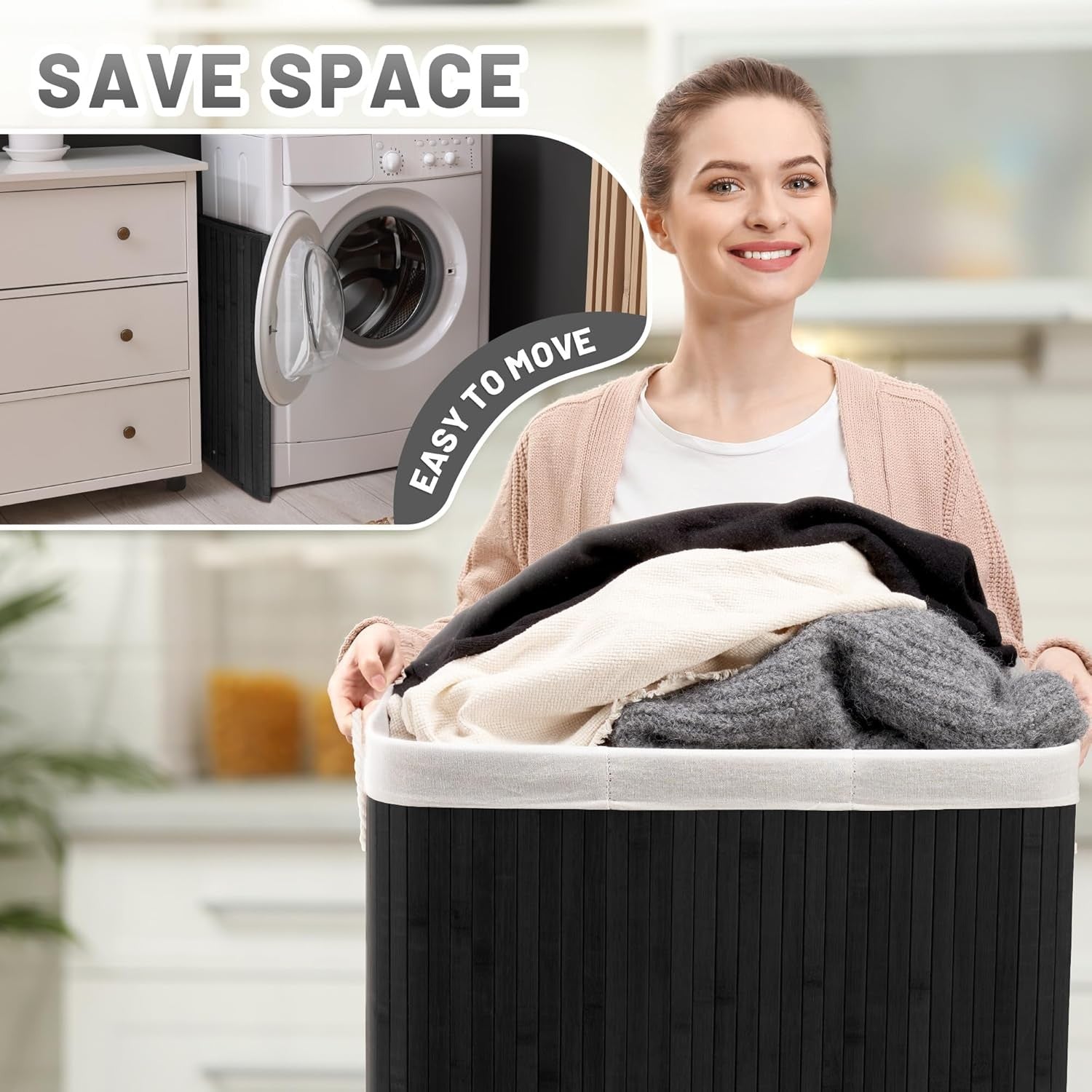 150L Bamboo Laundry Hamper with Lid 3-Section Foldable Clothes Basket Black