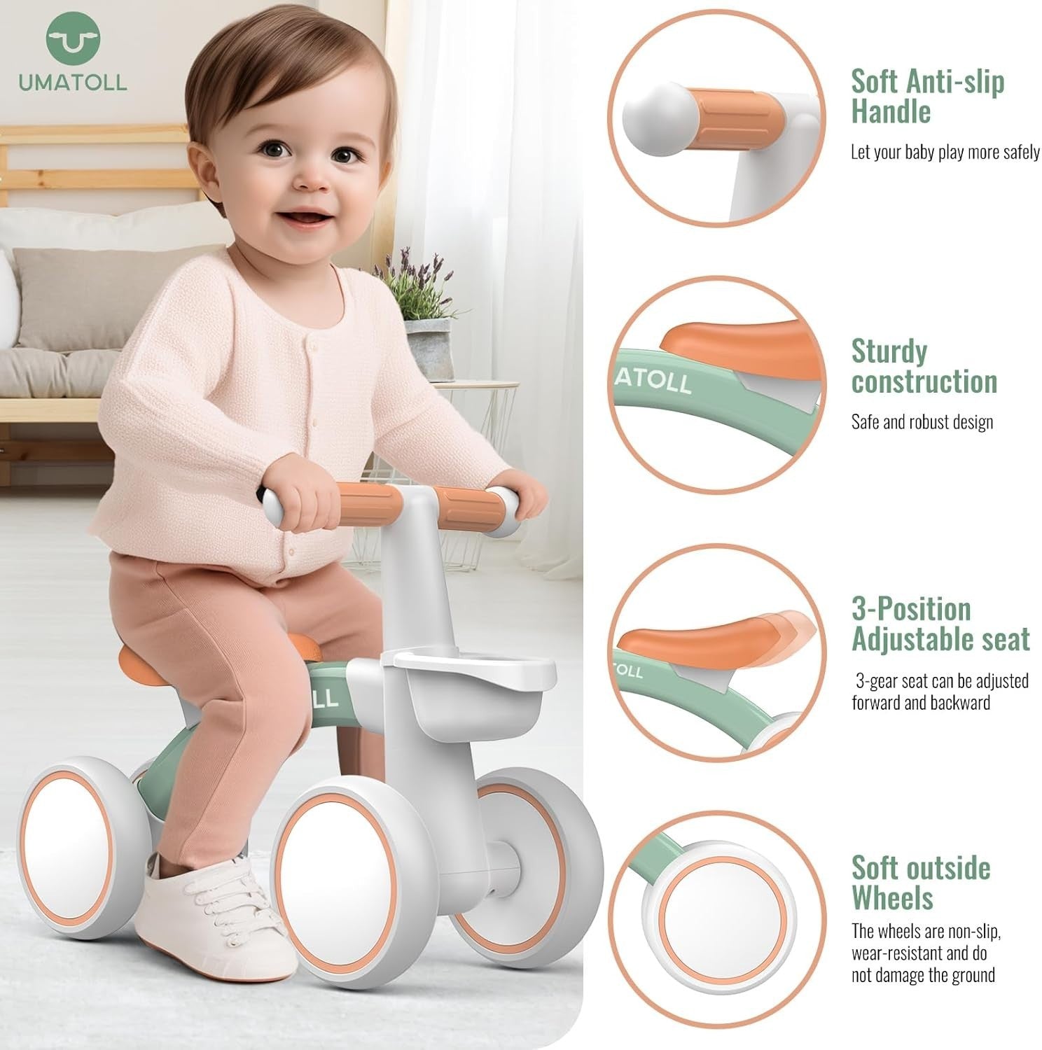 Toddler Balance Bike 12-24 Months Adjustable Seat 4 Wheel Green