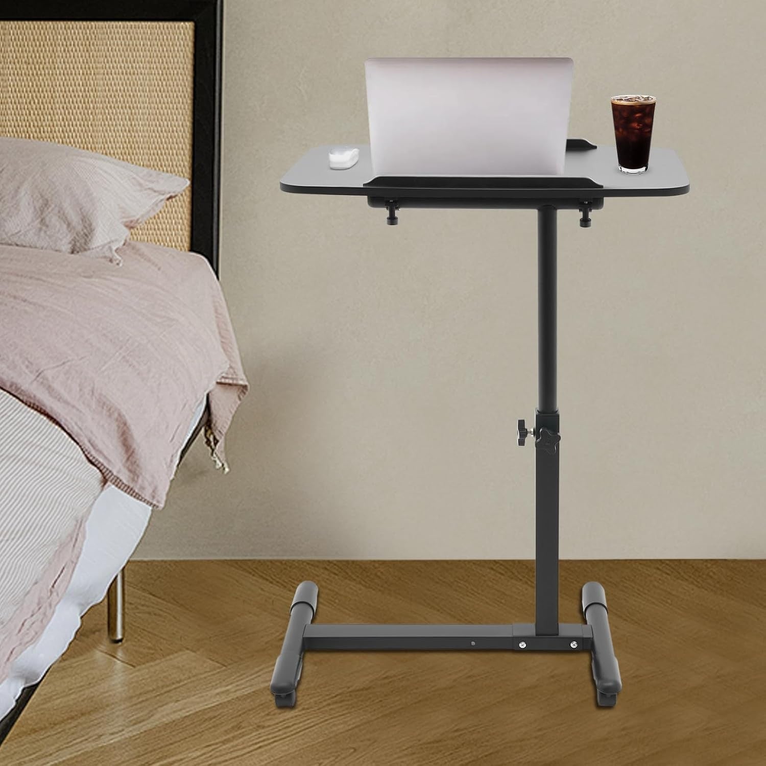 Overbed Table Laptop Desk Adjustable Height Rolling Bedside Stand 60x40cm