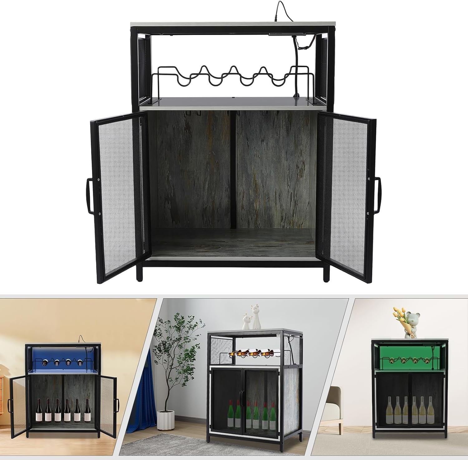 Industrial Wine Bar Cabinet with RGB Lights & Glass Holder Storage