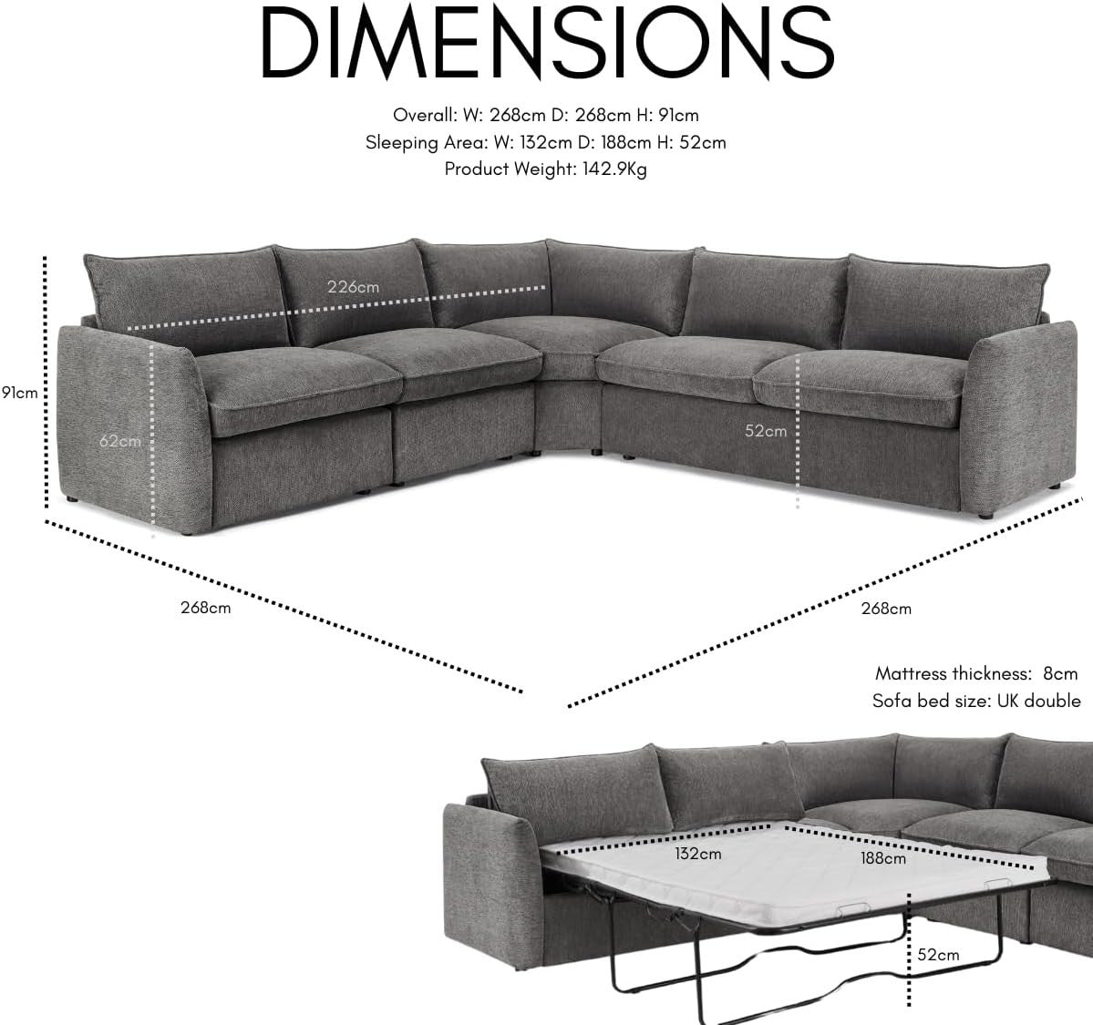 Grey Linen 5 Seater L-Shape Sofa Bed – Pull-Out Sleeper, Metal Frame, Modern
