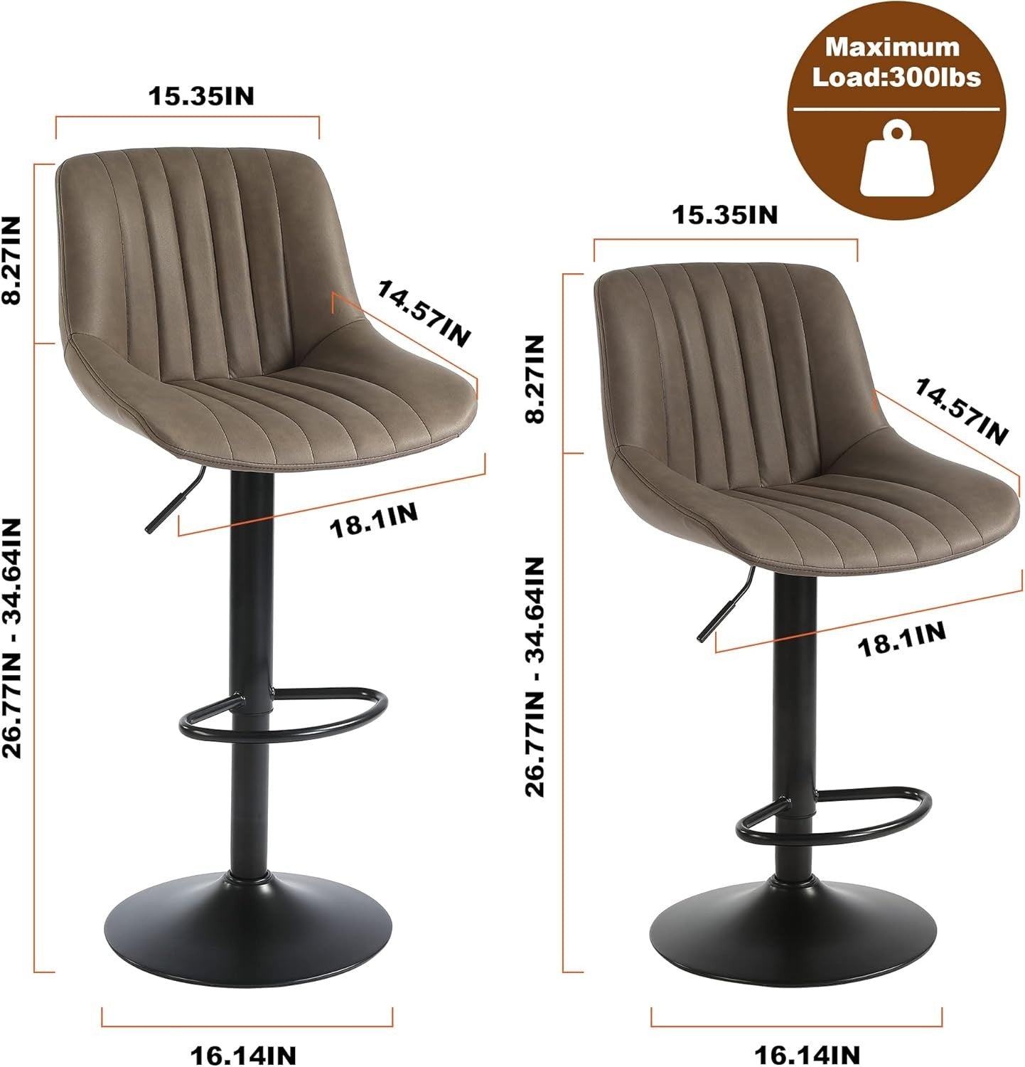Brown Adjustable Swivel Bar Stools Set of 2 PU Counter Chairs