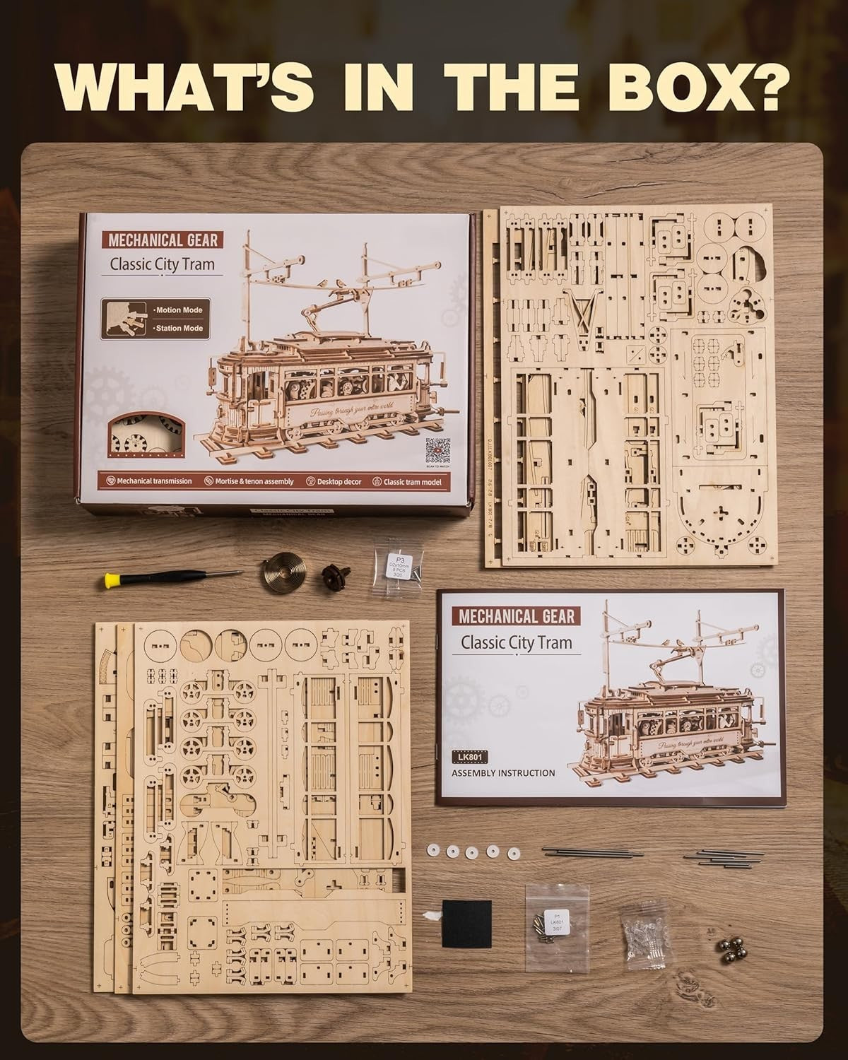 3D Wooden Tram Model Kit Mechanical Gear Drive Puzzle DIY Build