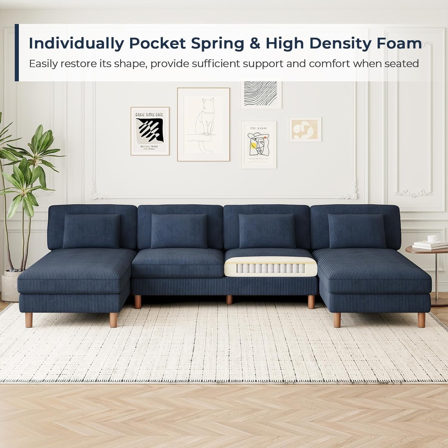 5 Seater U-Shaped Sofa Blue Corduroy with Double Chaise & Washable Covers