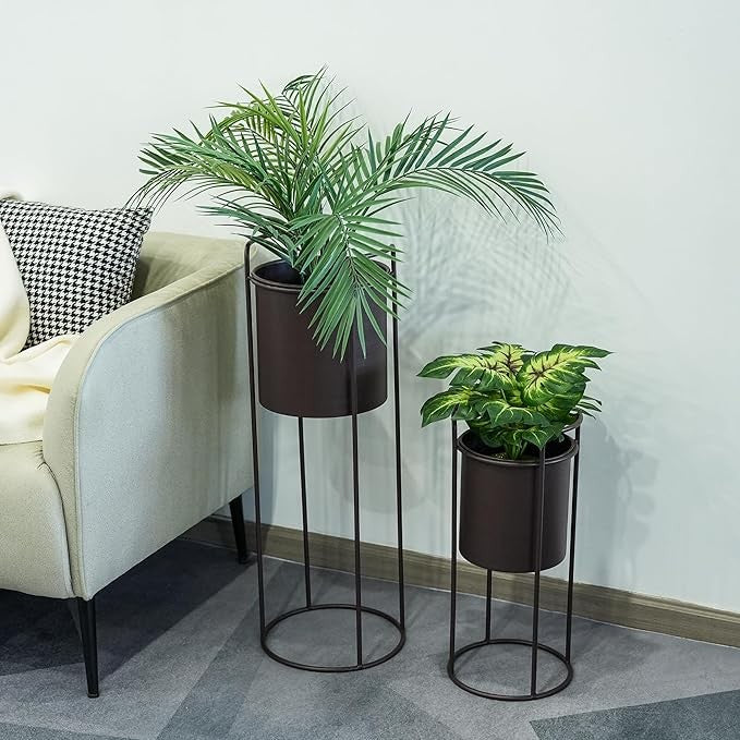Set of 2 Tall Brown Metal Planters with Stands 70cm & 45cm Indoor Outdoor Pots
