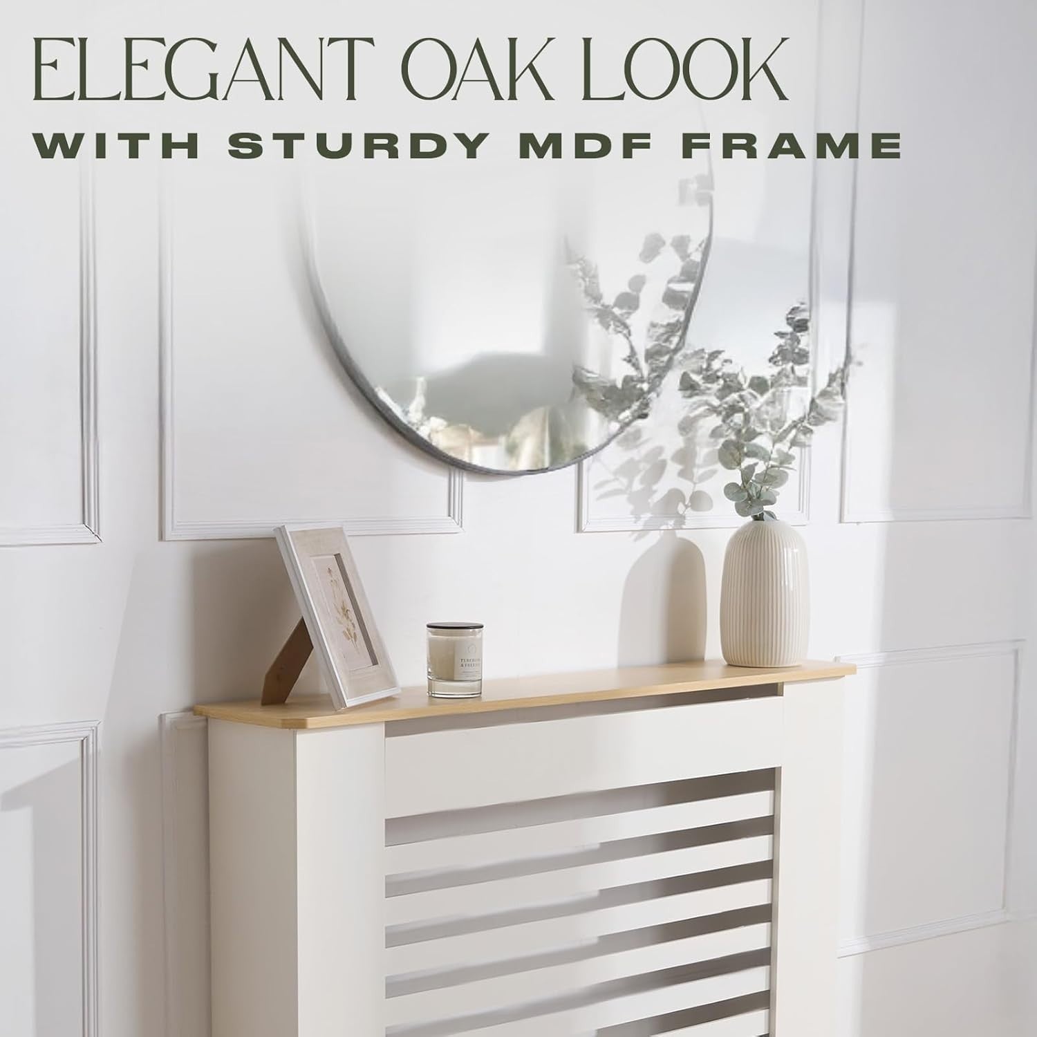 Cream Radiator Cover Medium with Oak Top – MDF Slatted Cabinet