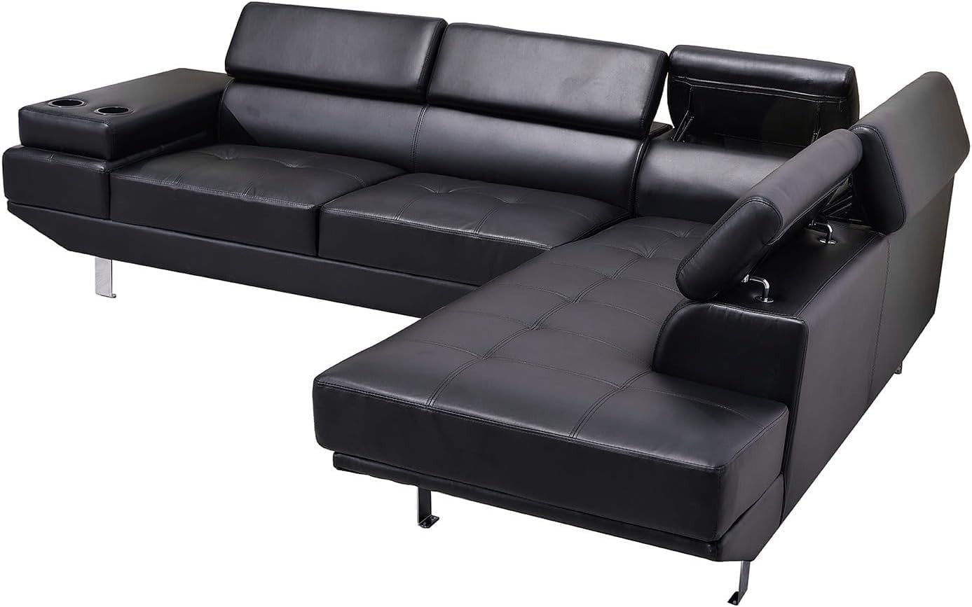 Black Bonded Leather Corner Sofa RH | Cup Holders + Adjustable Headrests