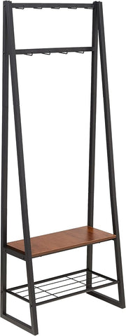 Black Coat Rack with 9 Hooks Shoe Bench & 2-Tier Storage 70x33x175cm