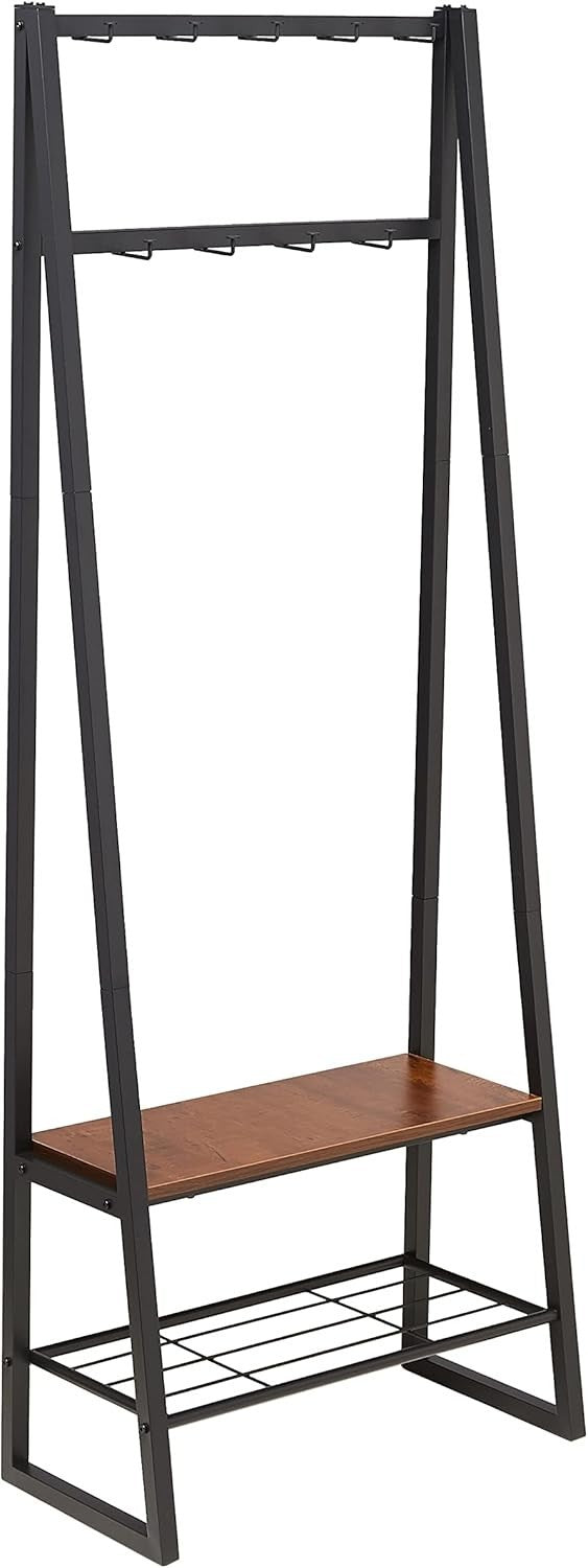 Black Coat Rack with 9 Hooks Shoe Bench & 2-Tier Storage 70x33x175cm