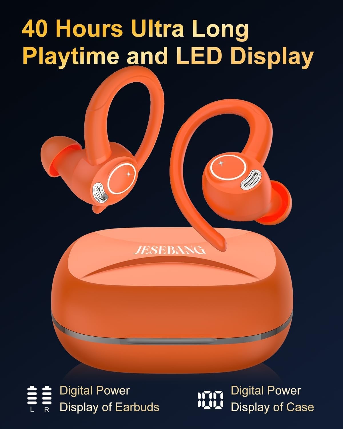 Orange Bluetooth 5.3 Earbuds 40H Playtime ENC Mic LED Display IP7