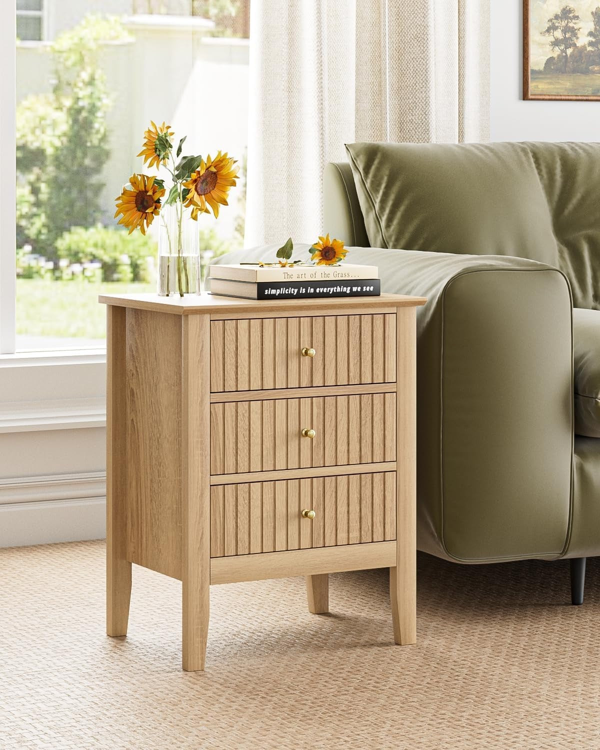 Modern Oak Bedside Table with 3 Drawers Wooden Nightstand Bedroom Storage
