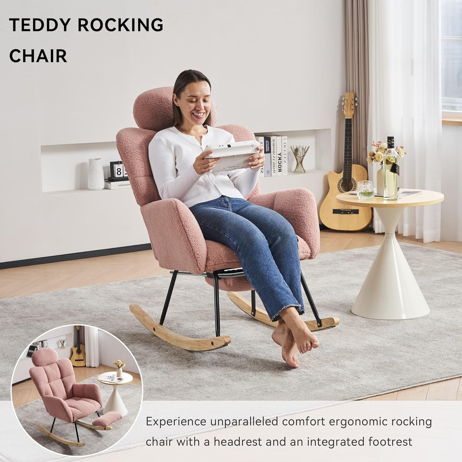 Pink Rocking Recliner Chair w/ Footrest & Headrest – Soft Teddy Armchair 125cm