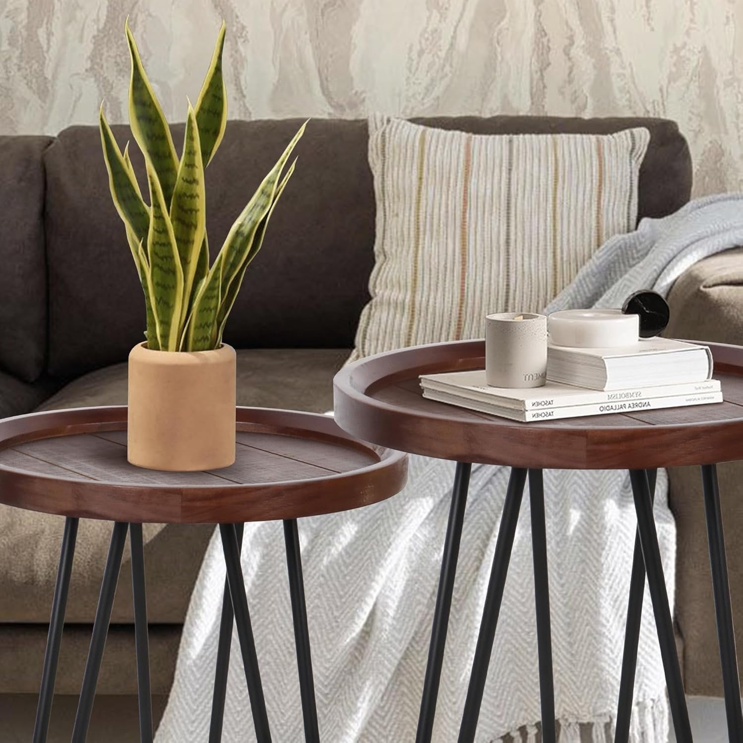 Round Wood Nesting Coffee Table Walnut Metal Frame Side End Tables Set of 2