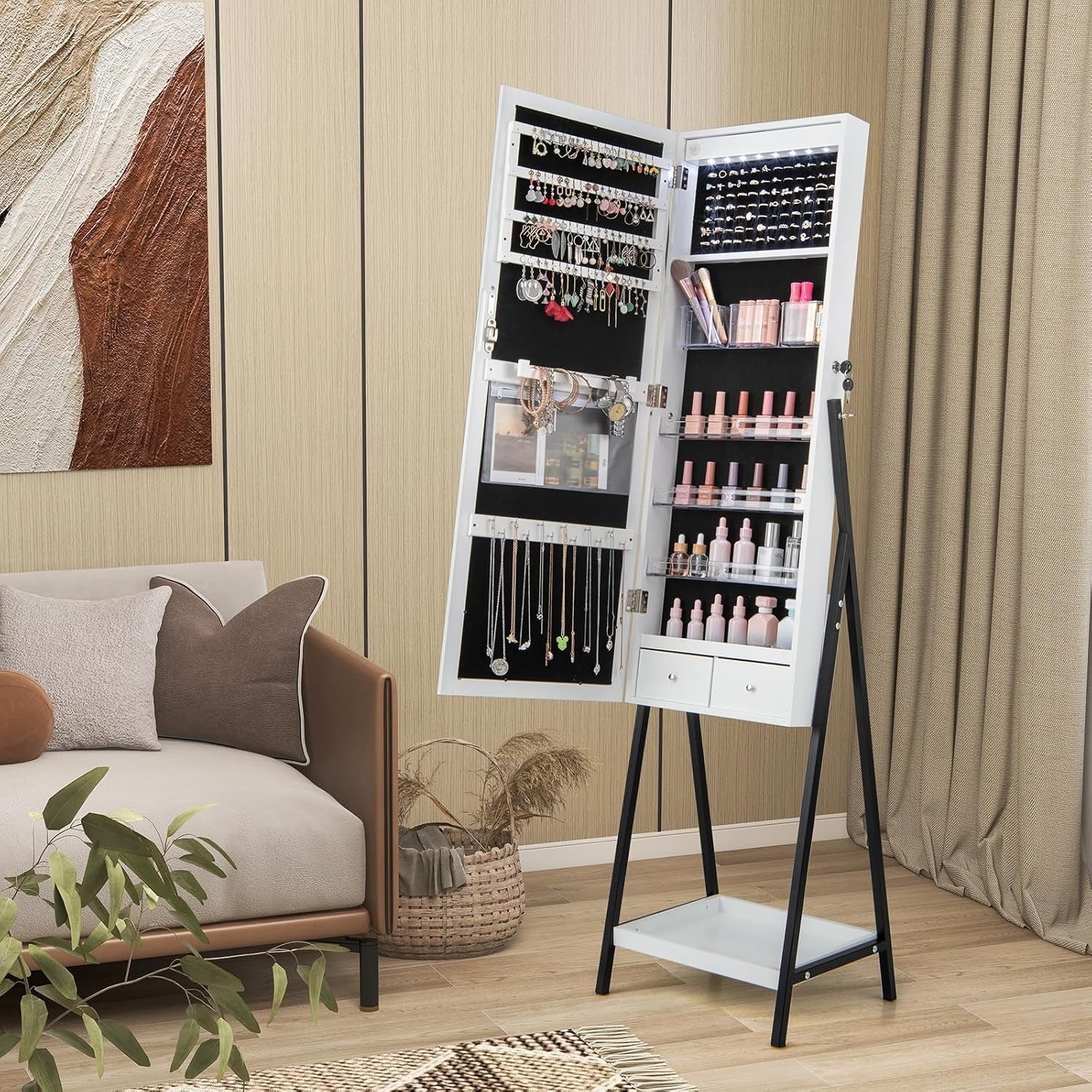 White LED Jewellery Cabinet Lockable Full Length Mirror Storage