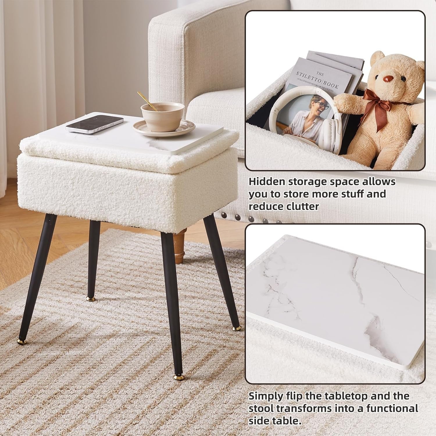 Warm White Teddy Fur Vanity Stool with Storage – Rectangular Makeup Chair
