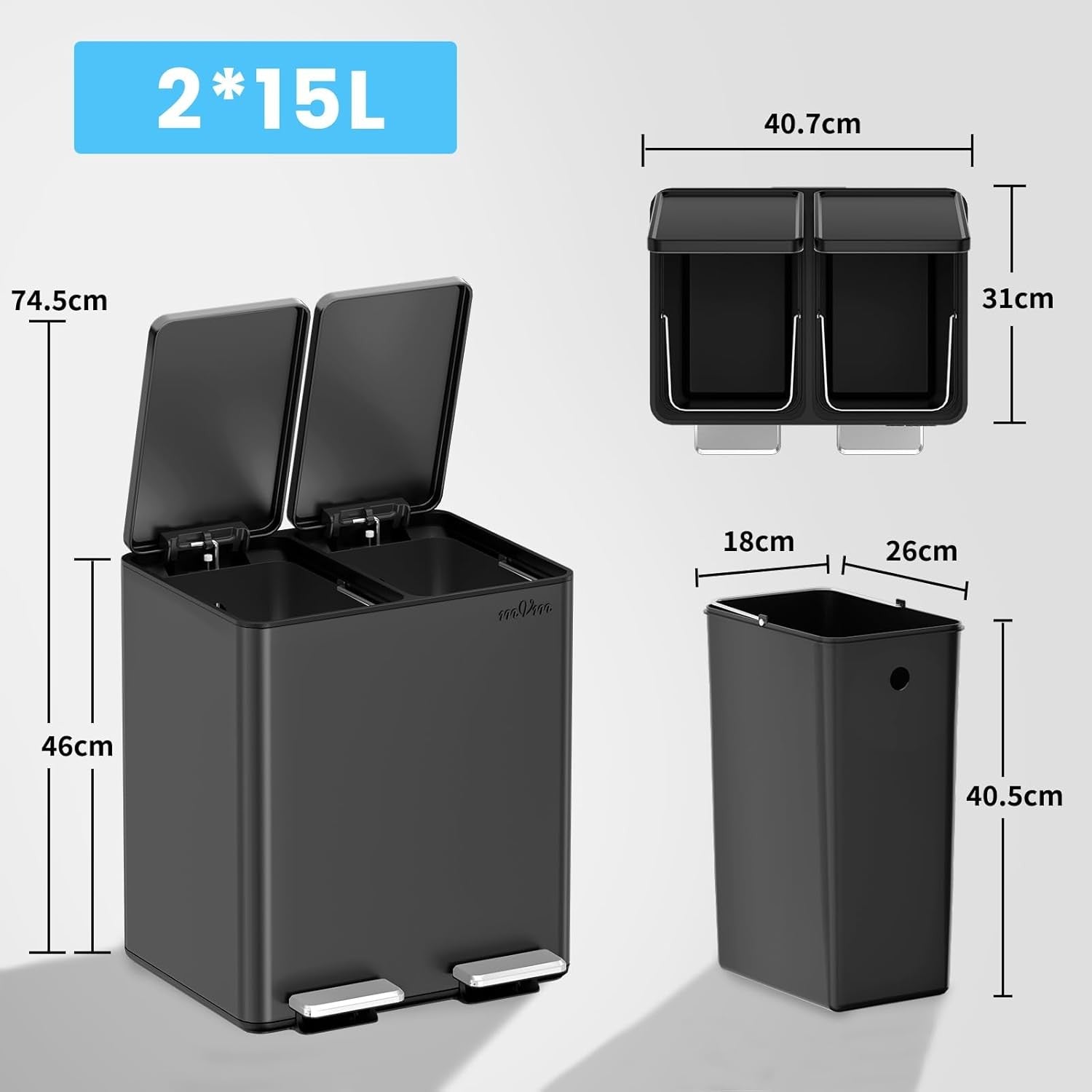 30L Dual Kitchen Recycling Bin 2x15L Steel Pedal